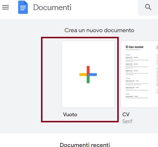 creazione nuovo documento Google documenti